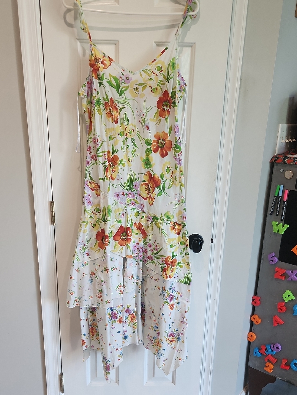 per una White Floral Handkerchief Midi Dress with Orange & Green Blooms